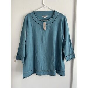 Dressbarn Teal Square Neck Sweater Top Women's Fashion 14/16 1X Black Stitching